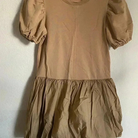 Impeccable Pig Mix Media Bubble Hem Puff Sleeve Tan Mini Coquette Party Dress S - Picture 3 of 11